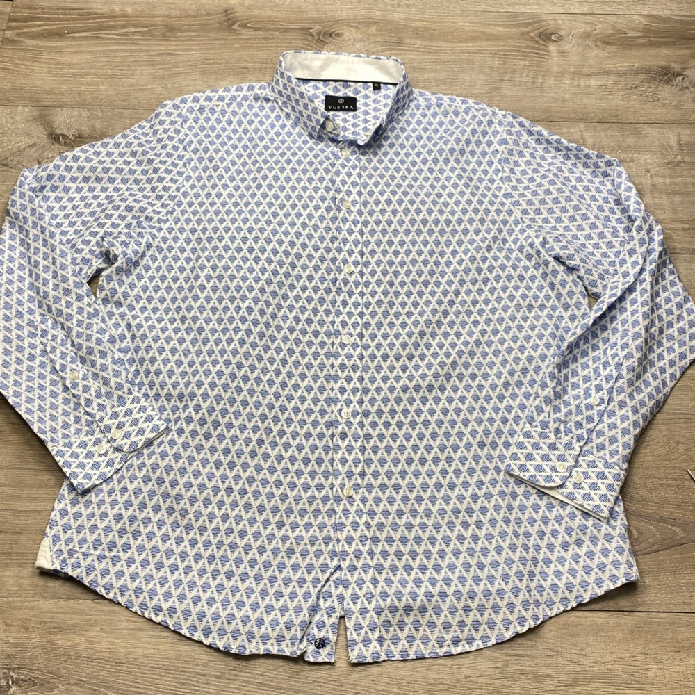 Vustra Button Down Shirt Mens XL Blue White Geometric Diamond Long Sleeve Casual